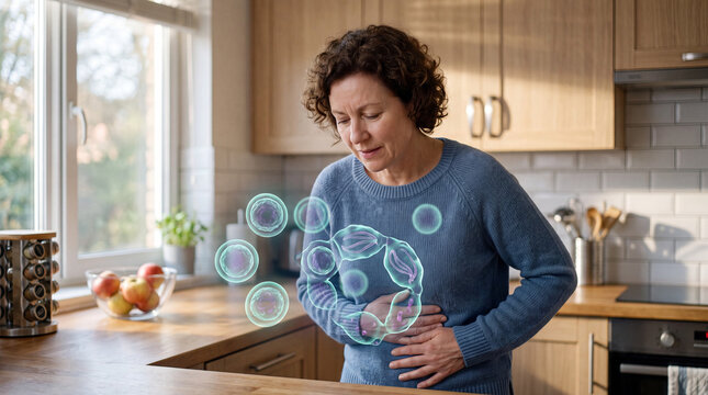 3D microscopic parasite visualization of Cyclospora cayetanensis floating over a woman in a modern kitchen with stomach discomfort. Medical awareness concept covering intestinal infection, foodborne d