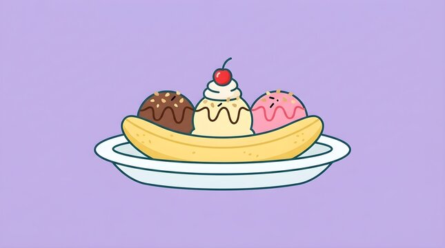 Delicious banana split with ice cream scoops and a cherry on top
