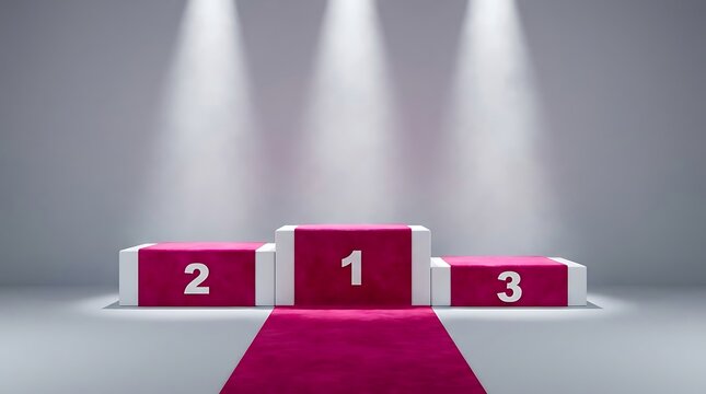 Winners podium with three tiers and red carpet under dramatic stage lighting