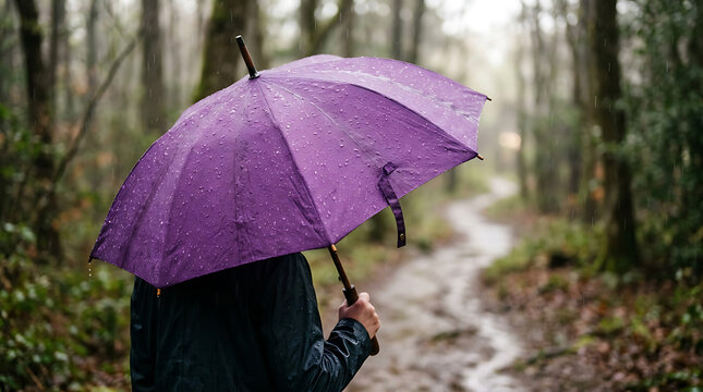 Woman walking in rain with purple umbrella. Female commuter holding waterproof gear on wet forest path.