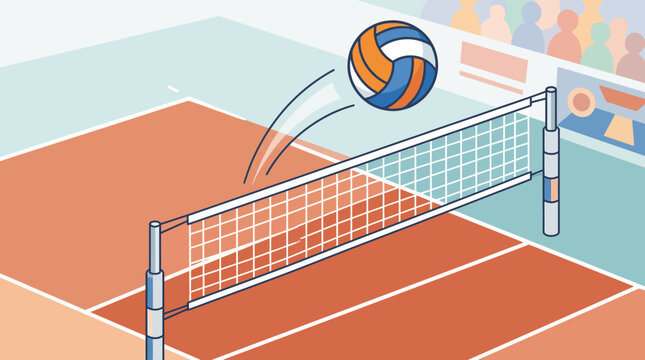 Vector illustration of a volleyball flying over the net on a court.