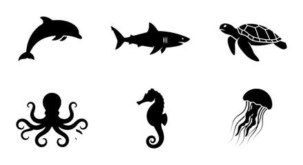 Marine Life Silhouettes: Dolphin, Shark, Turtle, Octopus, Seahorse, Jellyfish Icons © MD