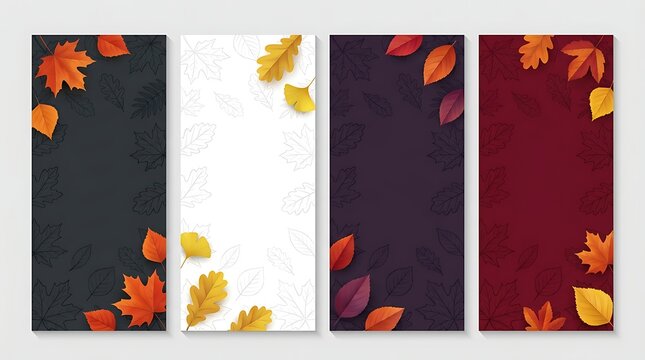 Autumn seasonal vertical banners set with colorful falling leaves on dark