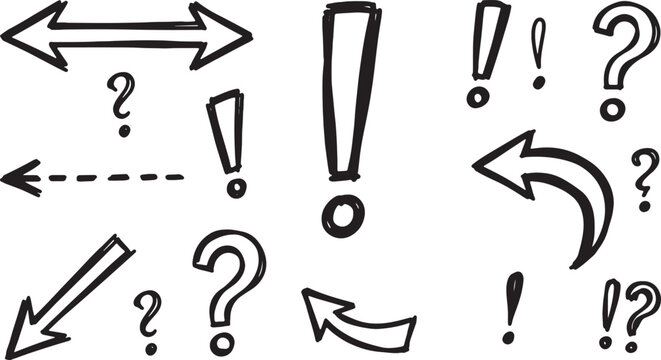 Hand-drawn black arrows, question marks, exclamation points, and symbols on white