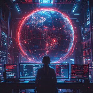 A female cybersecurity expert monitors a massive, glowing digital globe and server screens in a futuristic command center, symbolizing intense global connectivity and control.