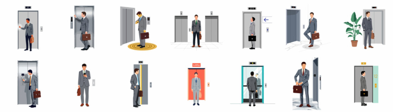 Vector illustrations of professional businessmen in suits waiting for and using elevators in a modern corporate office or lobby environment.