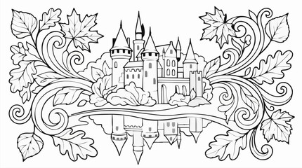 Black and White Coloring Page of a Vintage Travel Poster Featuring a Fantasy Castle Reflected in Water, Surrounded by Ornate Autumn Leaves and Swirls, EPS Vector Illustration © Fatan Sukarna