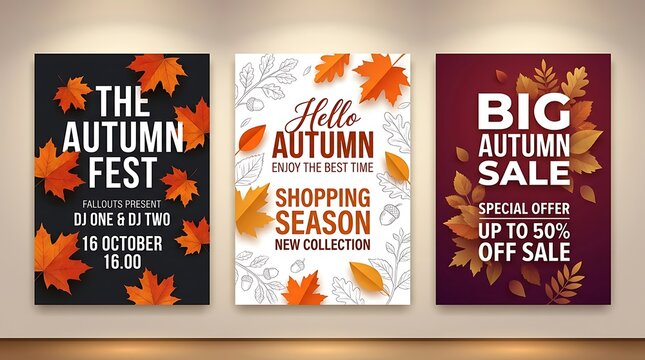Set of three autumn seasonal sale banners with colorful fall foliage, shopping