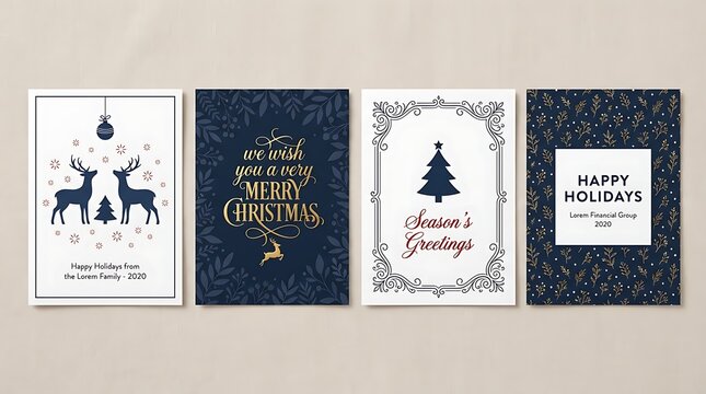 Set of four decorative christmas holiday cards with festive winter designs