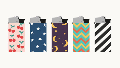 Obraz premium Five pocket lighters decorated with different creative colorful patterns stand in a row on a plain background.