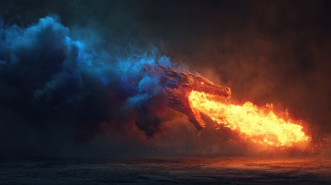 3D CGI fire breath burst from a mythical creature in a dark fantasy setting