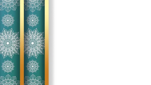 Elegant Islamic Background with Teal Mandala Pattern and Gold Borders on White.