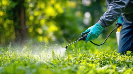 Obraz premium Gardener using a handheld sprayer to treat lawn weeds in the yard