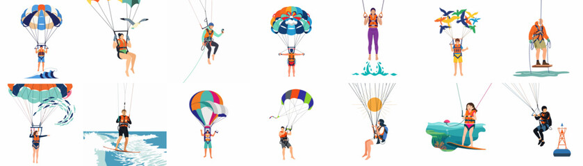 Vector illustration set featuring diverse people engaged in parasailing, kite surfing, and extreme outdoor water activities on a white background. © Telu