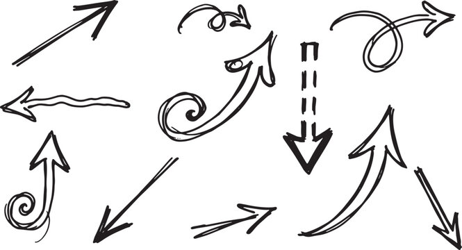 Hand-drawn black ink arrows in various shapes and directions abstract