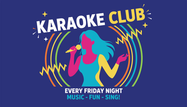 Bright neon colored retro poster advertises karaoke club night with a silhouette of a singing female performer.