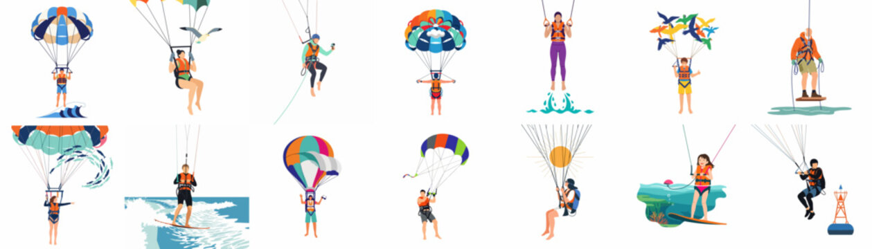 Vector illustration set featuring diverse people engaged in parasailing, kite surfing, and extreme outdoor water activities on a white background.