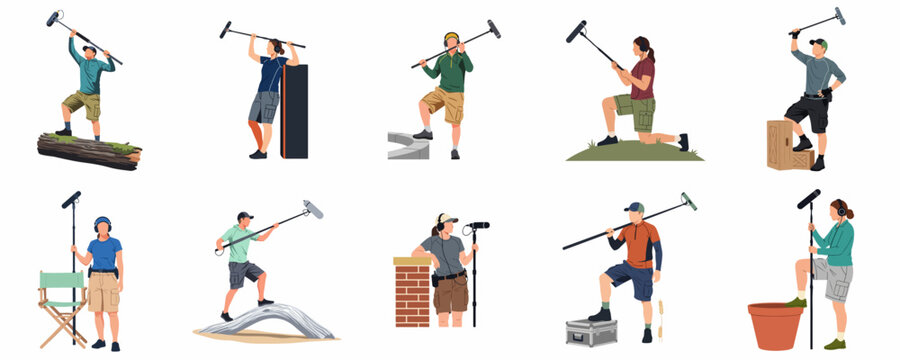 Flat vector illustration set of boom operators and sound recordists in various outdoor poses holding microphones and wearing professional production gear.
