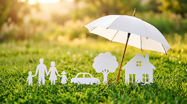 Summer vacation planning with travel essentials on grass. White umbrella and 3D letters spelling May on bright green lawn at golden hour.