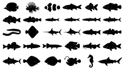 Fototapeta premium Black Fish Silhouette Vector Set with Tropical and Ocean Species Isolated on White