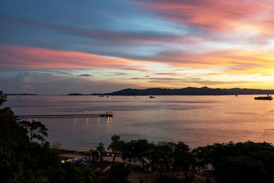 Aerial view of dramatic sunset at Odec Beach Kota Kinabalu Sabah
