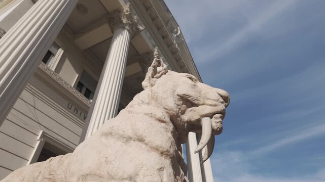 Close up of the prehistoric feline guarding the entrance of La Plata Museum, La Plata, Buenos Aires, Argentina. D-Log M, 10-bit color, flat log profile.