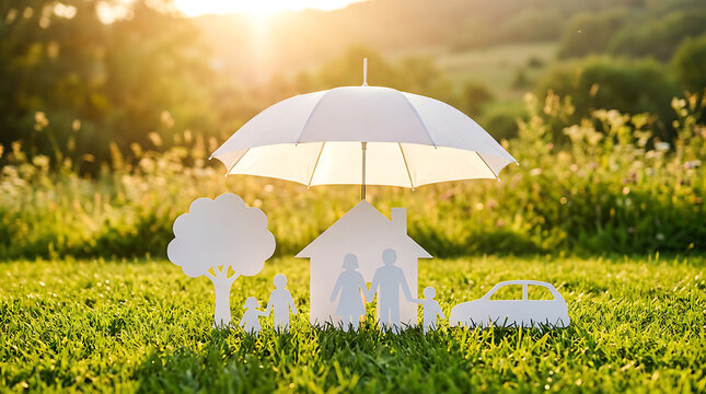 White wedding umbrellas on lush green field at sunrise. Romantic outdoor bridal accessories arranged for photoshoot in golden light.