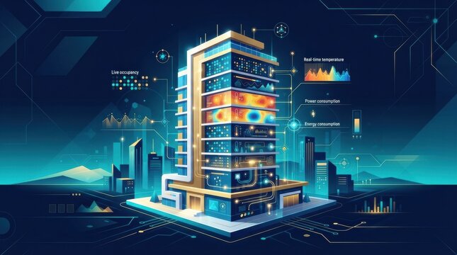 A digital twin building displays real-time data such as temperature and energy usage in a city landscape for modern construction.