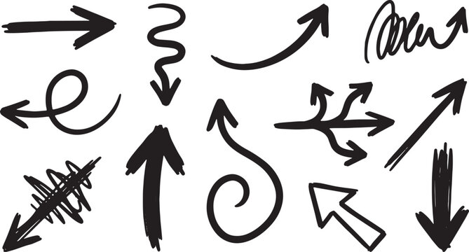 Hand-drawn black ink directional arrows in various styles directions