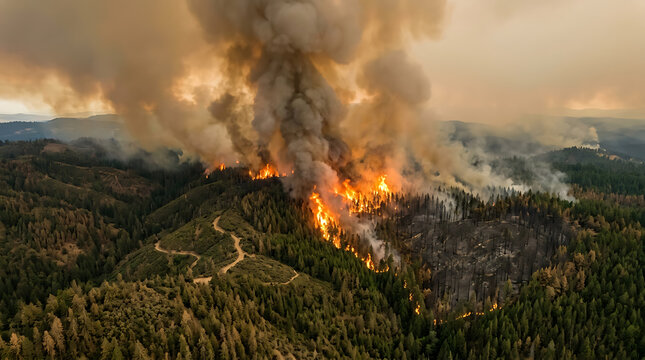 Wildfire burning through dense forest at dusk. Massive smoke plume rising over trees during controlled burn or natural disaster.