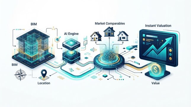 A flow of data for property valuation using BIM technology and AI engine with market comparables displayed.