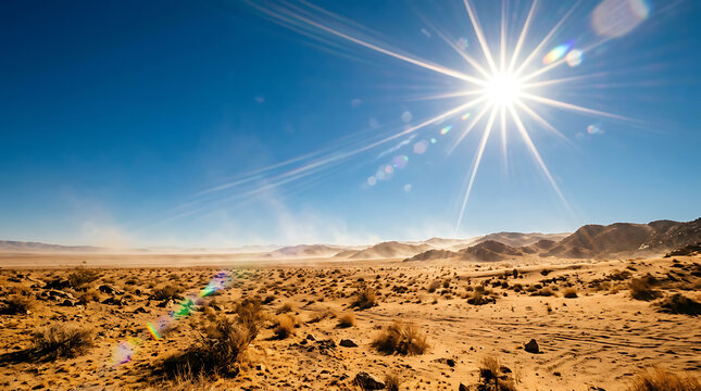Desert landscape with bright sunrise and heat haze. Arid wilderness under intense golden sunlight with mirage effect.