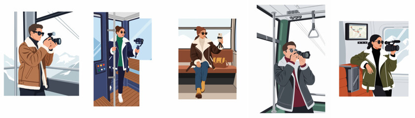 Set of travelers capturing scenic mountain views with cameras and smartphones inside a cable car cabin during a winter vacation. © Limo