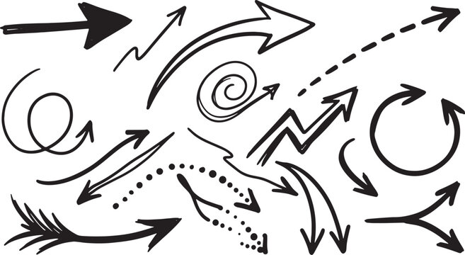 Hand-drawn black ink arrows swirling in circular motion swirls curves