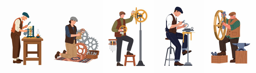 Fototapeta premium Set of vintage-style clockmakers and mechanics working with various gears, clockworks, and mechanical tools in a workshop setting.