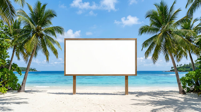 Empty wooden frame on tropical beach with palm trees. Minimalist blank signboard overlooking turquoise ocean and clear sky backdrop.