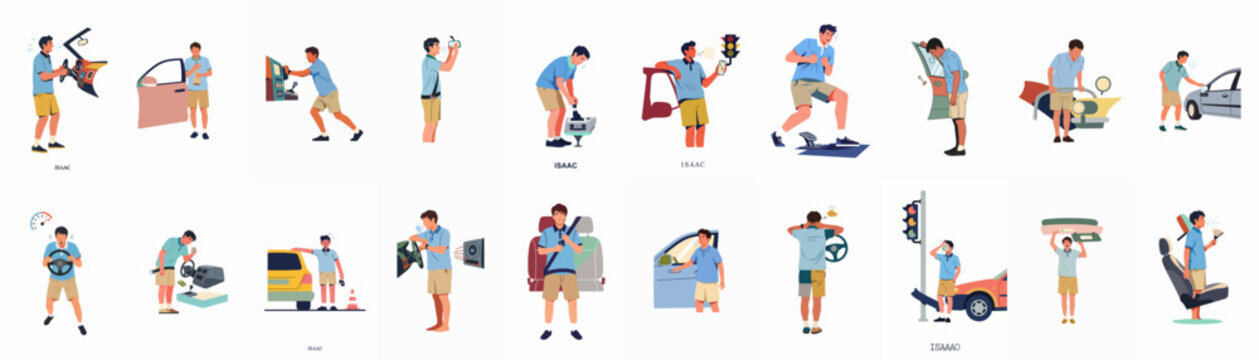 Collection of illustrations showing a man named Isaac experiencing various car troubles, accidents, and frustrations while driving or maintaining his vehicle.