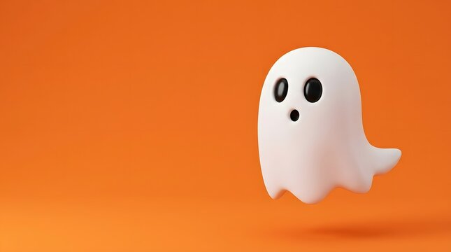 Cute 3d cartoon ghost floating on a vibrant orange background