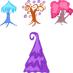Obraz premium Stylized fantasy trees featuring vibrant colors and unique shapes, forming a diverse collection of otherworldly plants suitable for game design or storytelling