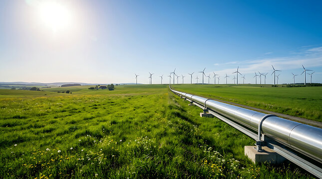 Modern wind turbines generating clean energy in green field. Sustainable power infrastructure with high-voltage transmission lines under blue sky.