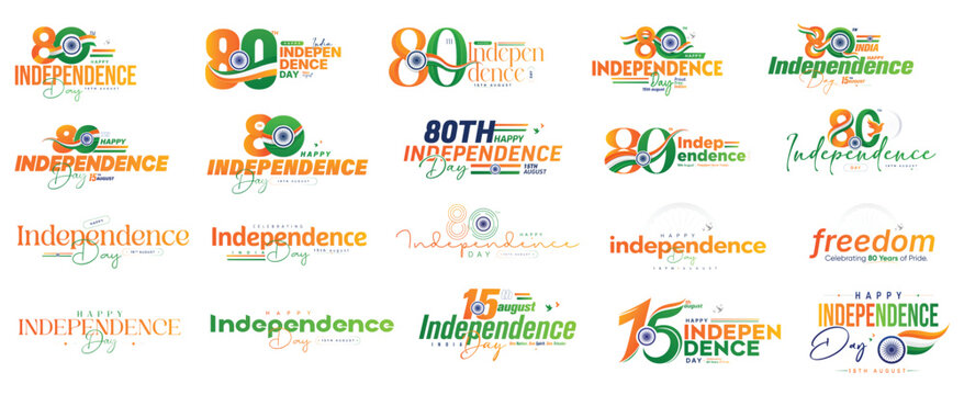 Professional collection of 80th Independence Day typography logos featuring creative tricolor lettering, Ashoka Chakra, anniversary numbers, and patriotic text layouts for branding, print, advertising