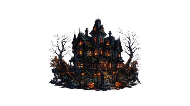 Detailed miniature haunted mansion with warm glowing isolated as PNG
