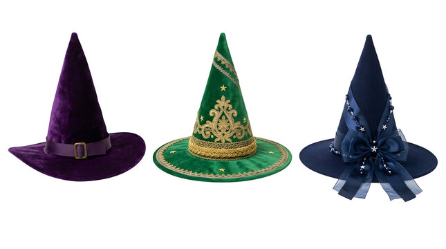 Set of three decorative witch hats for halloween costume parties isolated as PNG