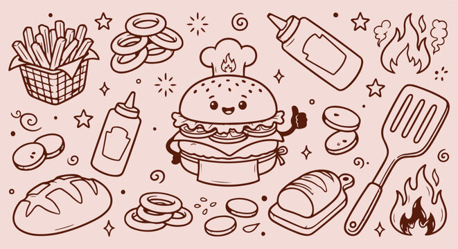 Cute Burger Mascot Character, Hand Drawn Kawaii Burger Line Art, Fast Food Mascot Seamless Pattern, Cheeseburger Ketchup Bottle Vector, Funny Food Character Background, Fast Food Cafe Wallpaper, Vinta