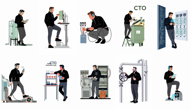 Illustrations of a Chief Technology Officer managing various industrial, laboratory, and high-tech equipment for engineering and technical operations.