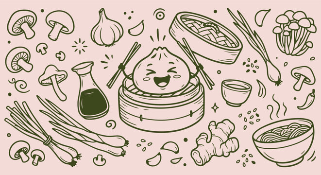 Cute Dim Sum Dumpling Character, Hand Drawn Kawaii Dim Sum Line Art, Asian Steam Basket Seamless Pattern, Dumpling Soy Sauce Vector, Funny Food Character Background, Asian Cafe Doodle Wallpaper, Vinta