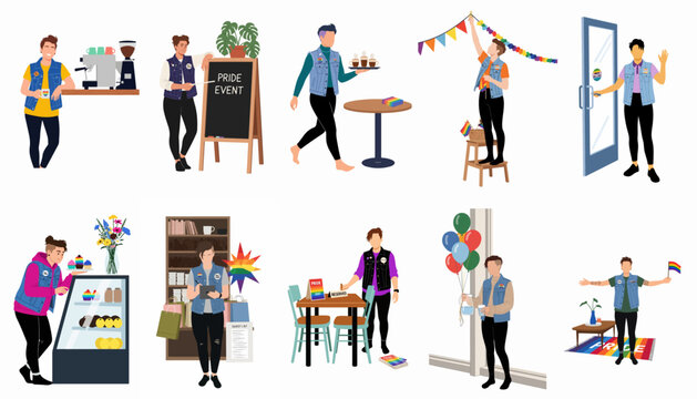 Flat illustration set of non-binary individuals organizing a pride event in a cafe, featuring coffee service, decorations, and community hosting.