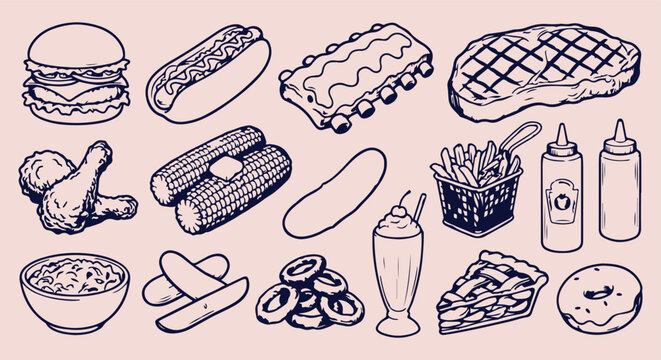 bbq grilled food seamless pattern, fast food menu background, hot dog vector texture, ribs and steak wallpaper, french fries sketch pattern, picnic barbecue background, american diner food texture, gr