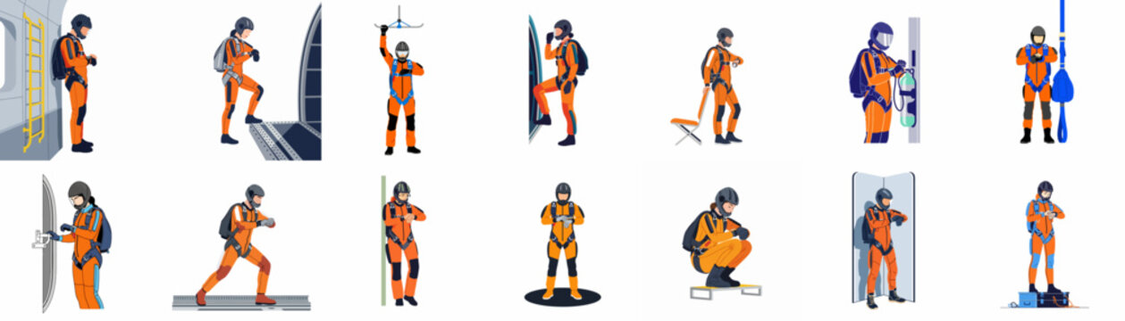 Set of skydivers in orange jumpsuits preparing for jumps in various poses, including checking altimeters and standing by aircraft doors.