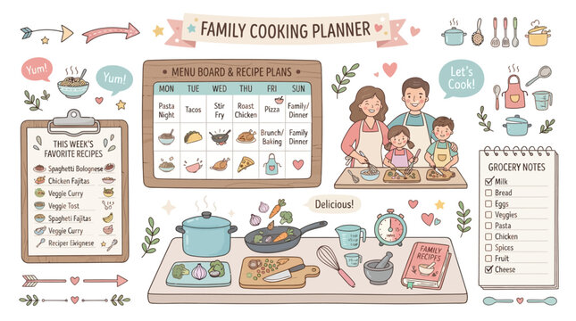 Family cooking planner with menu board favorite recipes with illustration depicts family engaged cooking grocery notes section let s